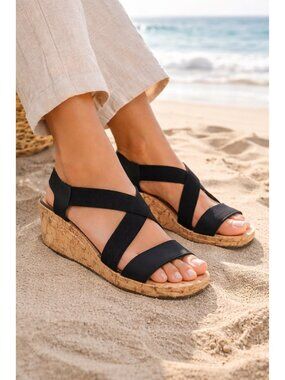 LifeStride Cork Wedge Sandals Womens 7.5 Black Elastic Comfort Casual Boho Beach